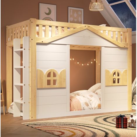 Letto a soppalco per bambini 90x200 cm con finestra, bianco e naturale, OKWISH (1/5)