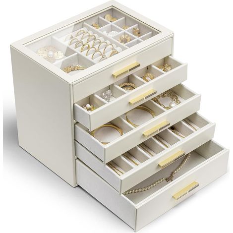 Boîte à bijoux Grande 5 niveaux, avec couvercle en verre, Cuir PU (1/5)