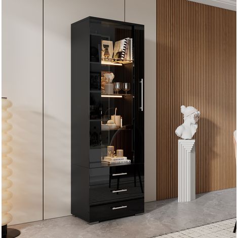 MEUBLIV Vitrine 60x35x180 cm noire – LED, 3 tiroirs, façade brillante (1/5)