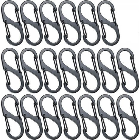 20pcs Mini Mousquetons en Forme de S Mousqueton en Alliage d'Aluminium 8 Formes Durable Léger Étanche Double Boucle pour la Maison en Plein Air Randonnée Pêche Camping Voyage Etc - Noir(30mm) (1/5)