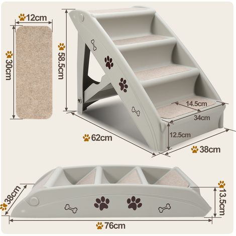 Randaco Escalier pour chien à 4 marches, escalier pliable pour animaux avec marches larges et revêtements en feutre antidérapants, gain de place pour canapé et lit, gris (1/5)