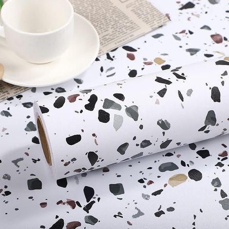 Terrazzo – Papier contact pour comptoirs, 0.6x5m, film autocollant pour étagère, cuisine, tiroir, papier peint imperméable pour cuisine, chambre, salle de bain, salon (noir persan) (1/5)