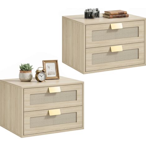 Juego de 2 Mesitas de Noche Flotantes con 2 Cajones con Frente de Ratán Natural para Dormitorio 40x30x27,6 cm Roble (1/5)