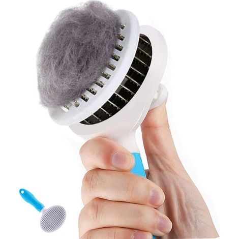 Spazzola per la toelettatura di cani e gatti a pelo lungo, spazzola autopulente con rimozione del pelo con un solo clic (blu) (1/5)