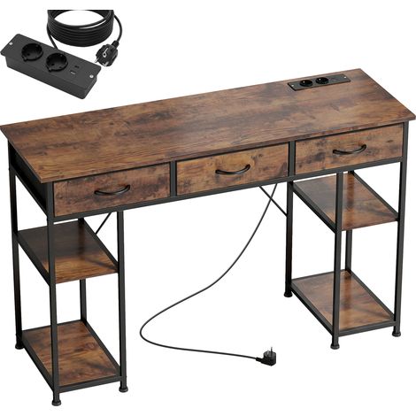 Bureau avec espace de rangement, prises électriques, 3 tiroirs en tissu et 4 compartiments de rangement, 120 x 40 x 76 cm, marron (1/5)