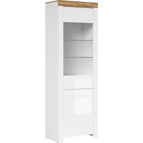 Vitrine haute en verre trempé à 2 portes,coloris Blanc/Chêne wotan - Longueur 68 x Profondeur 42 x Hauteur 203,5 cm (1/5)