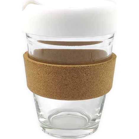 Mug en verre avec couvercle et manchon en liège silicone étanche et anti-brûlure, tasse isotherme blanche (1/5)