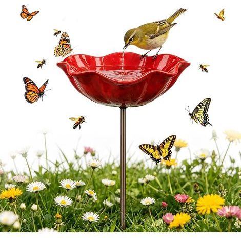 Mangeoire Oiseaux Exterieur Métal pour Jardin, Bains pour Oiseaux Sauvages, Bain d’Oiseaux avec Piquet 60 cm, Abreuvoir Extérieur pour Insectes et Papillons, Décoration Jardin Terrasse (Rouge) (1/5)