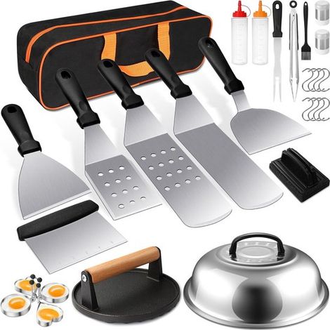 Ensemble de 29 accessoires pour barbecue, comprenant une spatule, une presse à hamburgers et un sac de transport pour les barbecues en extérieur. 1 ensemble (1/5)