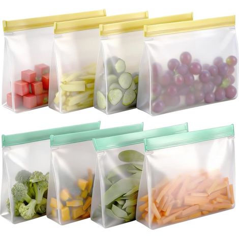 Lot de 8 sacs en silicone réutilisables avec fermeture éclair et support pour aliments, congélation, sandwich, sacs de rangement PEVA pour légumes, lait, collations, viandes (1/5)