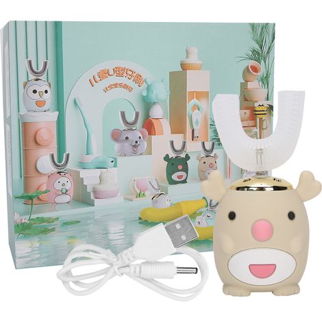 Brosse à dents électrique sonique en forme de U pour enfants, outil de soins bucco-dentaires intelligent, beige, 6-14 ans (1/5)