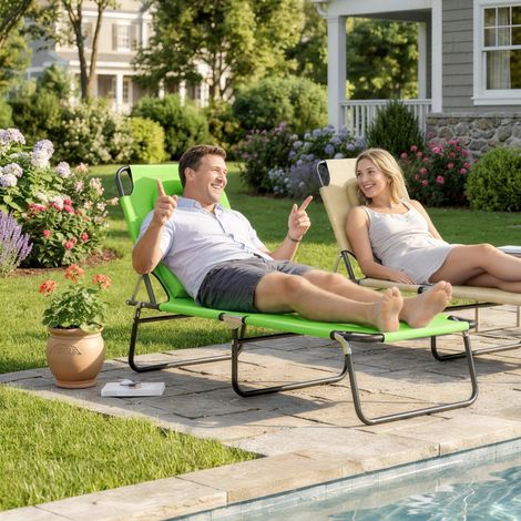 Transat avec ouverture pour le visage et coussin. Pliable. Housse déperlante. Structure en métal. Vert.