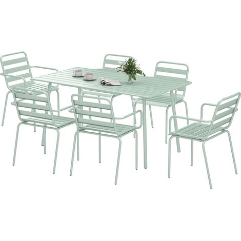 7-teiliges Garten-Set: Tisch + 6 stapelbare Stühle aus hellgrünem Stahl, Essbereich und Lounge für den Außenbereich, praktische und stilvolle Möbel.