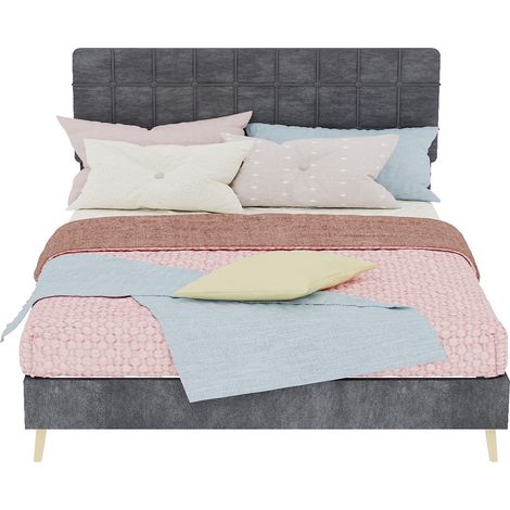 Lit contemporain gris anthracite en tissu, tête de lit rembourrée à motif pied-de-poule, parfait pour chambre adulte compacte ou chambre d’invités. Taille 140x200 cm, matelas inclus, teinte ardoise. (1/5)