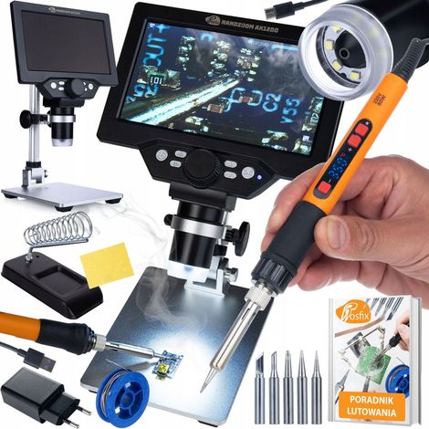 Rosfix NanoZoom AX1200 ProSet - Kit de servicio de electr贸nica y SMD Microscopio LCD de 7" con 1200x y 12 MP Soldador de 80 W con regulaci贸n de 180-500 掳C y kit 12 en 1