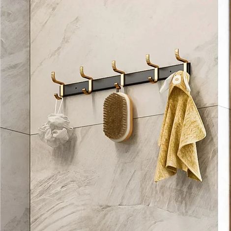 (5 crochets) Étagère de rangement de salle de bain luxueuse et légère, noire et dorée, porte-serviettes mural, étagère de rangement, étagères pour accessoires de salle de bain (1/5)