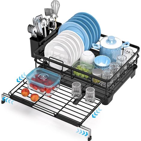 Platzsparender, ausziehbarer Geschirrständer mit Besteckhalter und Abtropfschale, Abtropfgestell für die Küchenarbeitsplatte mit schwenkbarem Abfluss, Geschirrständer für die Spüle, Schwarz (1/5)