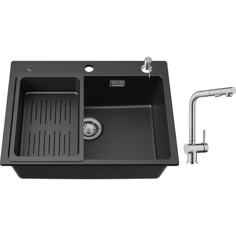 Cecipa Evier en Quartz et Résine 60 x 45cm, avec Panier de Vidange et Distributeur de Savon Gratuits + Robinet Cuisine avec Douchette, Mitigeur Extractible, Brossé (1/5)