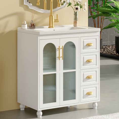 Meuble rangement salle bain 80 cm vasque MDF blanc OKMYHOME (1/5)