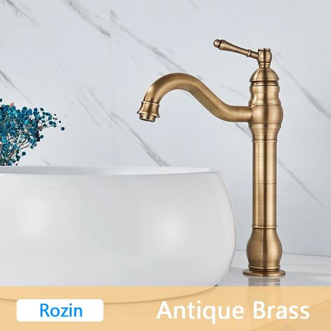 Robinet de lavabo en laiton antique (5 couleurs), montage sur plage, poignée unique, bec long, mitigeur eau chaude/eau froide. (1/5)