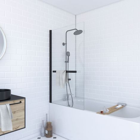 pare baignoire pivotant avec porte-serviette 85x150cm - profilé noir - verre 6mm - tshape dark