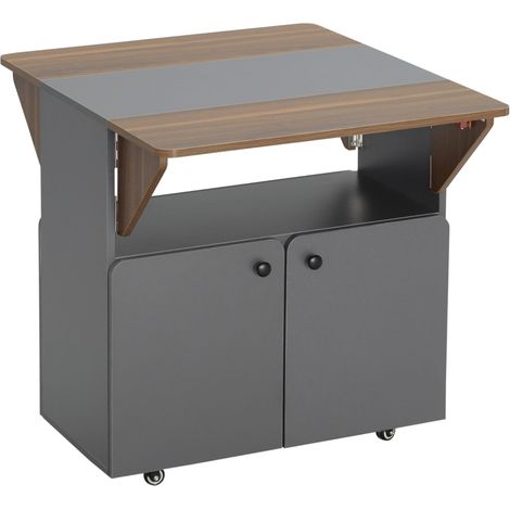 Table pliant avec rangement, deux côtés rabattables, 4 roulettes, gris clair et marron foncé, dimensions 70 x 83 x 75cm (1/5)