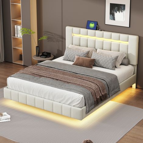 Cama tapizada de 160 x 200 cm, estructura de cama flotante, con luces LED y función de carga USB, patas de cama ocultas, cama doble plana para invitados, lino, beige (1/5)