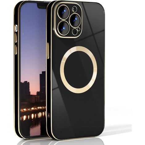 COQUE POUR APPLE IPHONE 13 6.1' SILICONE NOIR CADRE DORÉ + MAGSAFE A2482 (1/5)