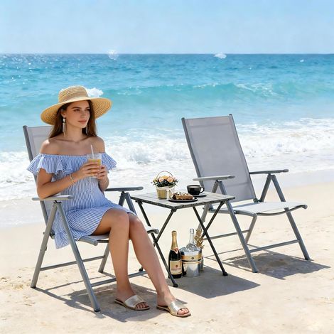 Folding Chair - Extra Wide - Silver Coated, Light Grey Textilene - for Garden, Beach, Patio (1/5)