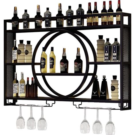 Industriell Wandmontierte Weinregal, Wand Weinregal mit Weinglashalter HäNgender Runder Weinregalschrank Aus Metall Multifunktionales Lagerregal Restaurant Bar Wanddeko - 120cm