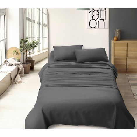 Set Lenzuola 100% Cotone Di Flanella Completo Letto Made In Italy Anti-Pilling Tinta Unita Lenzuolo Sopra Sotto Federe Grigio Scuro - Matrimoniale