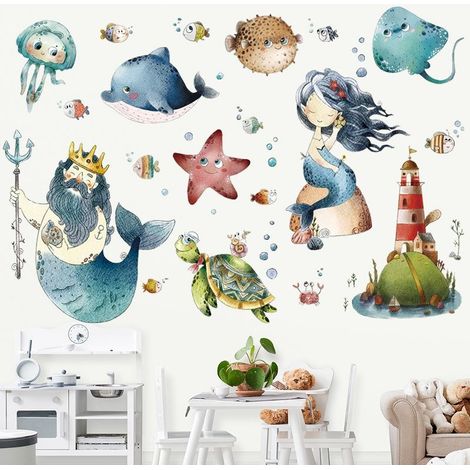 Sticker mural sirène dessin animé, décoration intérieure, papier peint (1/2)