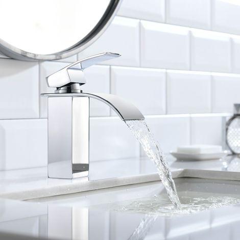 CECIPA Cascada Grifo para Lavabo de Baño, Monomando Grifo de Cuenca Mezclador Agua Fria y Caliente, Latón Cromado