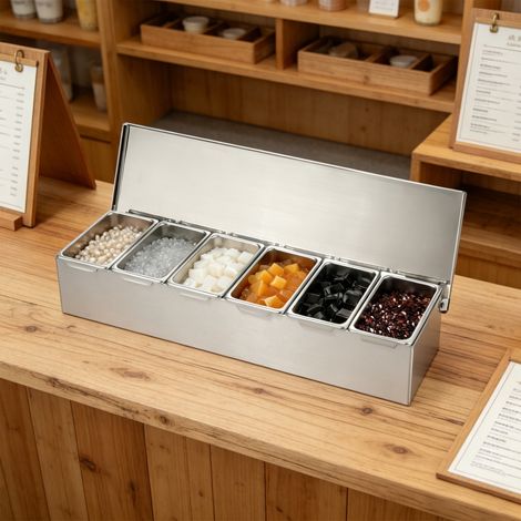 Assaisonnement Box Set, Boîte dassaisonnement en Acier Inoxydable Ensemble de Récipients à épices, 6 grilles, Coffret de Stockage Condiment Jars, Cruet avec Couvercle et 6 Cuillère (1/5)
