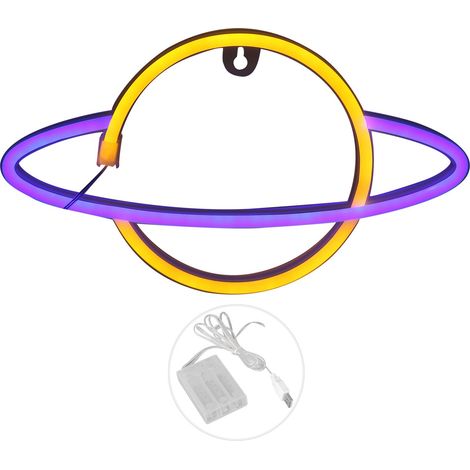 Lampe néon LED forme planète, décoration nocturne pour chambre, bar, mariage, alimentation USB/pile, jaune+bleu (1/5)