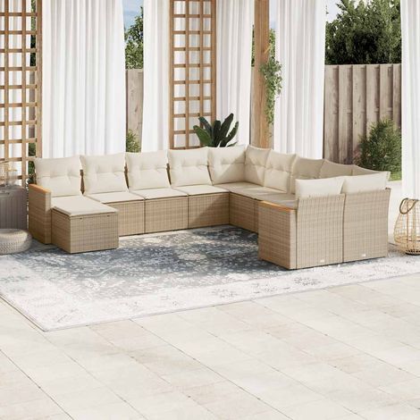 Salon de Jardin Modulable en Résine Tressée 10 Pièces Beige avec Coussins Crème, Table en Acacia et Fonctions Rangement (1/5)