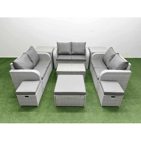 Fimous 9 Seater PE Wicker Rattan Furniture Sofa Sets with Rectangular Coffee Table 2 Seater Love Sofa 3 Stool Side Table Light Grey (1/4)