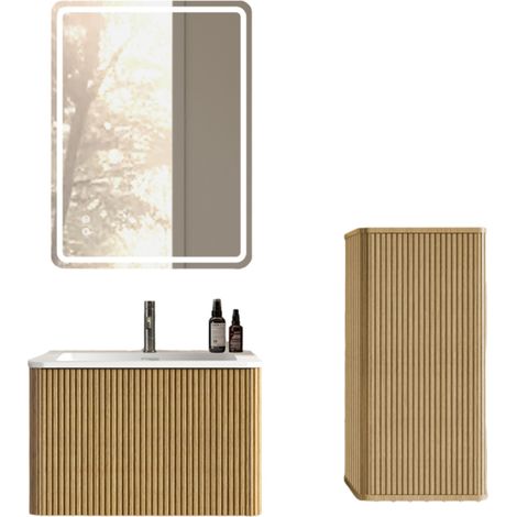 Meuble de salle de bain LED avec miroir antibuée, vasque en pierre de synthèse, meuble suspendu 60 cm et colonne murale, design rainuré moderne - CHICFURN (1/5)