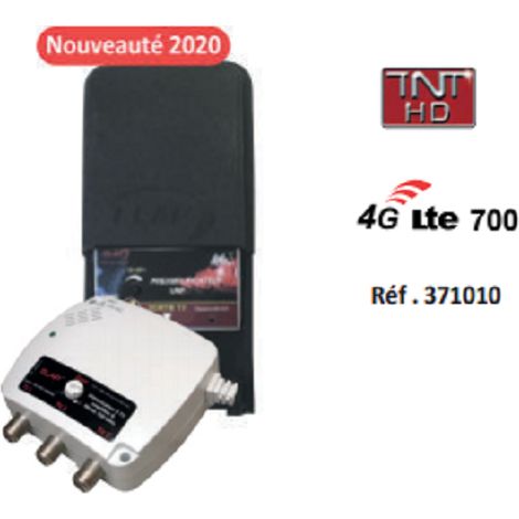 KIT PRÉAMPLIFICATEUR DE MÂT 1 ENTRÉE UHF TNT RÉGLABLE - GAIN 40 DB AVEC ALIMENTATION 12 V= 50 MA 3 SORTIES TV - FILTRÉ 4G LTE 700 MHZ