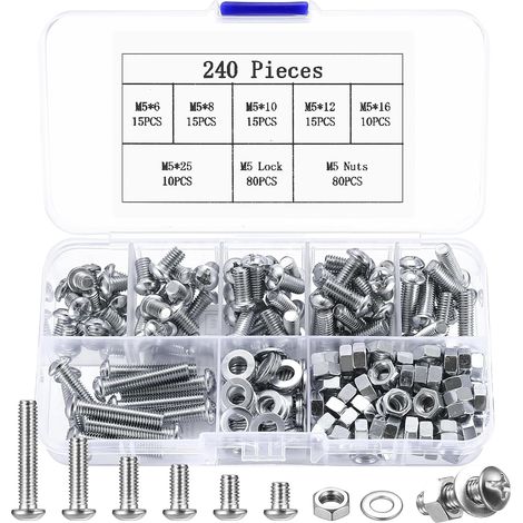 M5 Vis et écrous Set, 240 Pièces Boulons à Tête Cylindrique Cruciforme et écrous Hexagonaux et Rondelles Assortiment Kit, Boulons Vis à tête Ronde pour Machine (1/5)