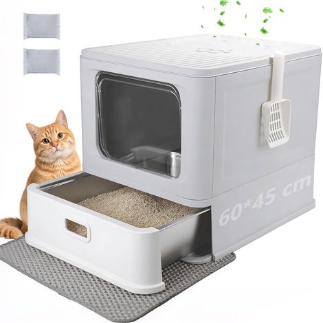 Litière pliable XXL en acier inoxydable avec couvercle et tiroir, bac à litière fermé en acier inoxydable, nettoyage facile, pas de fuite d'urine, contrôle des odeurs, avec tapis de litière (1/5)