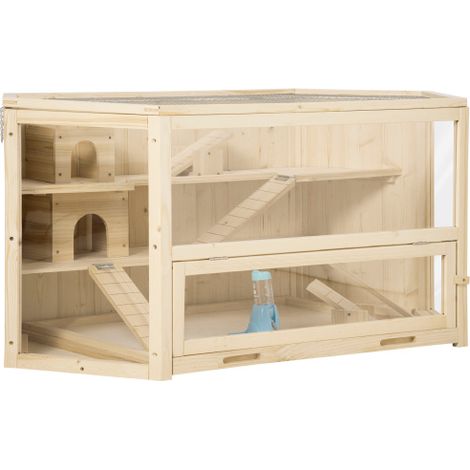 Gabbia per piccoli animali, gabbia per roditori, gabbia per criceti, con rampa, altalena, gabbia incernierata, telaio removibile, realizzata in legno di cedro, dimensioni: 115 x 60 x 55 cm, spedita di (1/5)