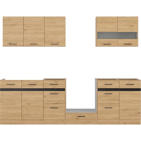 Cuisine complète 260 cm,Ensemble de meuble de cuisine coloris Gris graphite/Chêne bernstein, plan de travail non inclus (1/5)
