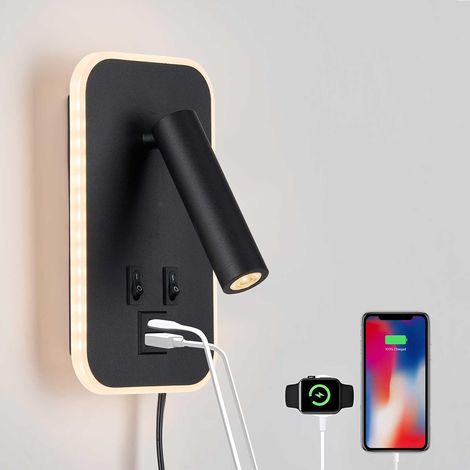 Lámpara de lectura de pared - Puertos USB C+A - Ajustable - 10W+3W - Luz cálida de 3000K - Conexión a la corriente o por cable - Ideal para el dormitorio - Color negro (1/5)