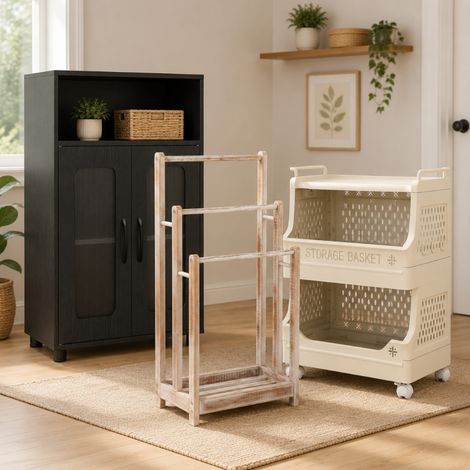 Freistehendes badezimmer set aus holz 3 teilig handtuchhalter mit 3 stangen waschewagen auf rollen und 2 turiger schrank 228524189 (1/5)