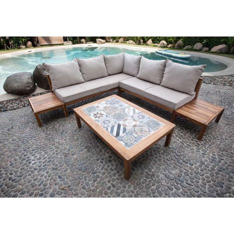 Set Salotto da Giardino in Legno di Acacia Divano Angolare e Tavolino Cuscini Ecru - Oslo Domo Mea (1/5)