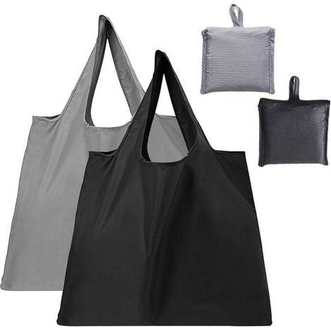 Lot de 2 grands sacs de courses pliables et réutilisables. Sacs en nylon imperméables et lavables (noir et gris) (1/5)