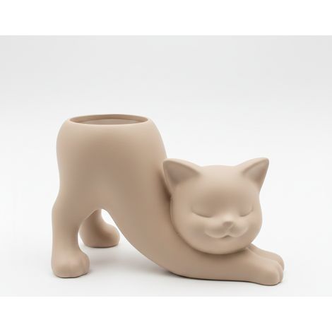 Pot de fleurs beige en forme de chat qui s'étire, pour plantes grasses et cactus. (1/3)
