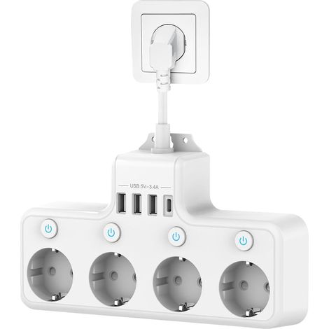 Multiprise Murale 4 Prises et 4 USB, Multiprise USB C avec Interrupteur Individuel, Electrique Multiprise USB avec Parafoudre et Surtension, pour Bureau, Maison, Voyage
