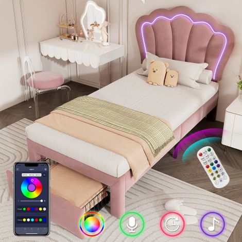 Kinderbett LED Einzelbett 90 x 190 cm mit Schubladen Polsterbett APP-Control LED Bettgestell Lattenrost und Verstellbares Kopfteil, Bettrahmen Jugendbett Samt Rosa